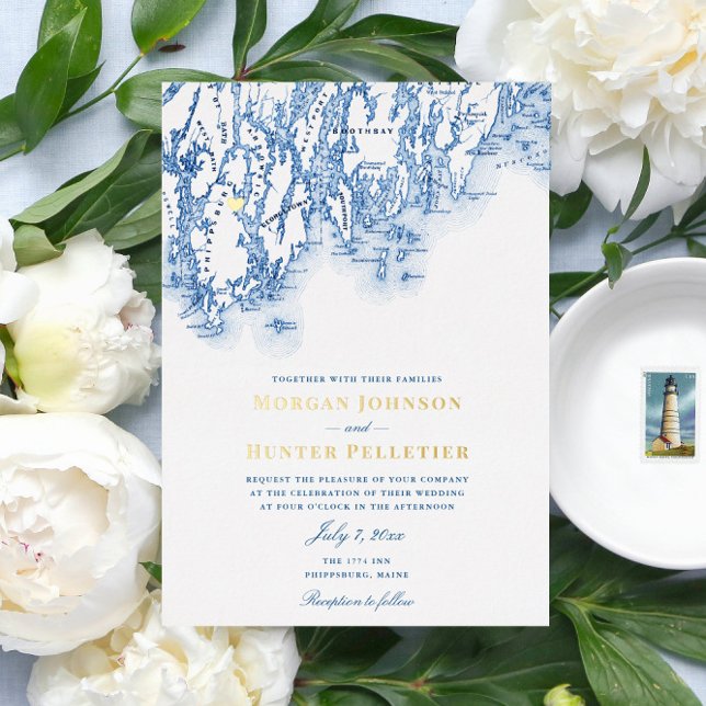 Phippsburg Maine Wedding Elegant Gold (This 1774 Inn gold foil and navy blue Maine map invitation is perfect for your Phippsburg wedding)