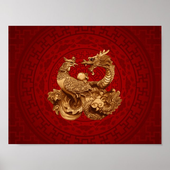 Phoenix and Dragon - on red Poster (Front)