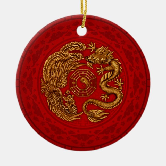 Phoenix and Dragon with bagua #4 Ceramic Tree Decoration (Front)
