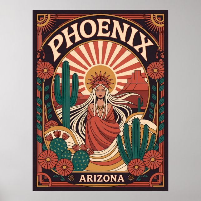 Phoenix Arizona Desert Art – Retro Boho Cactus  Poster (Front)