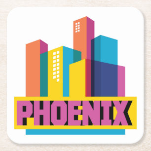 Phoenix, Arizona Neon Skyline Square Paper Coaster
