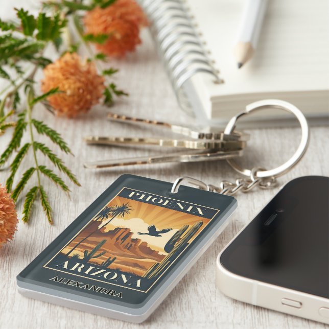 Phoenix Arizona Retro Travel Optional Custom Name Key Ring (Front Right)