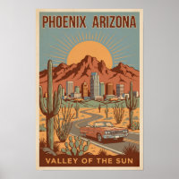 Phoenix Arizona Sun Illustration Travel Art Retro