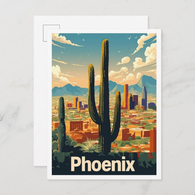 Phoenix Arizona US Art Vintage Travel Illustration Postcard (Front/Back)