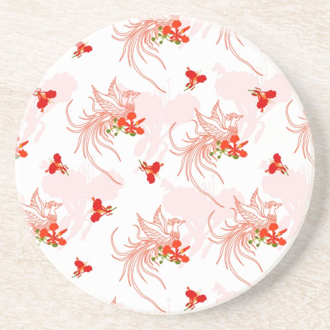 Phoenix Bird And Phoenix Flower Seamless Pattern Coaster (Front)
