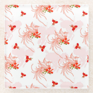 Phoenix Bird And Phoenix Flower Seamless Pattern Glass Coaster