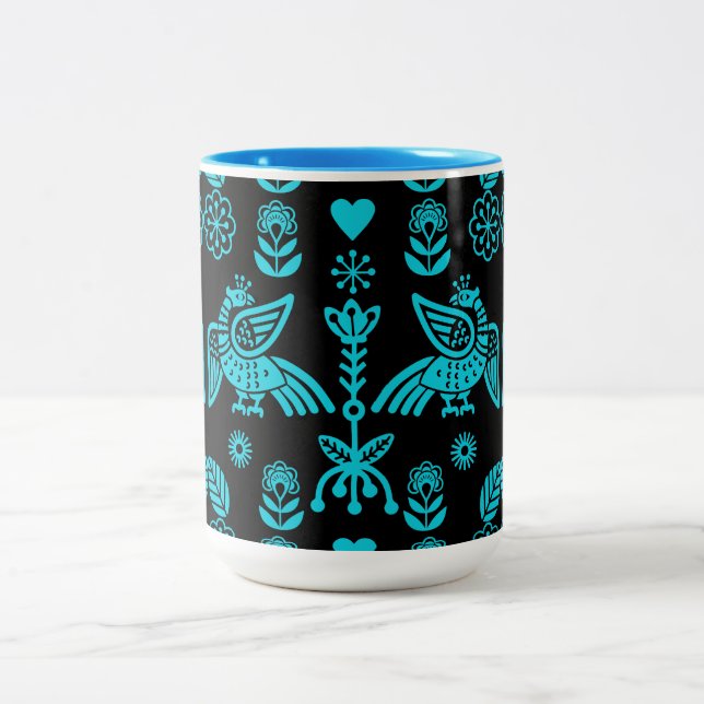 Phoenix Bird Folk Art Print Two-Tone Coffee Mug (Center)