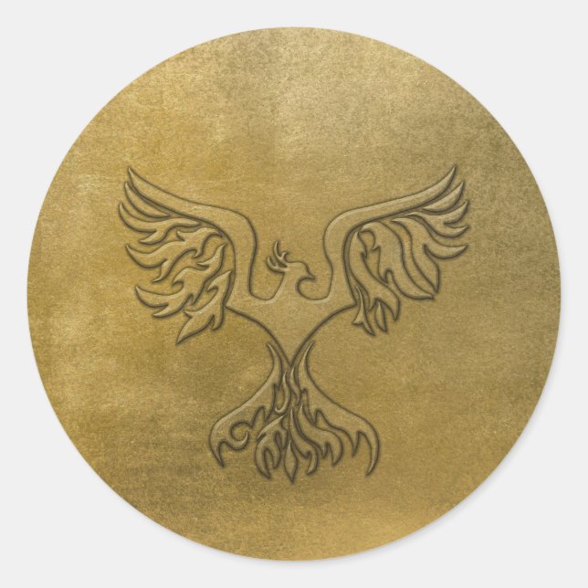 Phoenix Bird Gold Embossed Classic Round Sticker (Front)