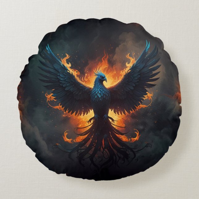 Phoenix Bird Rising with Flames Round Cushion (Front)