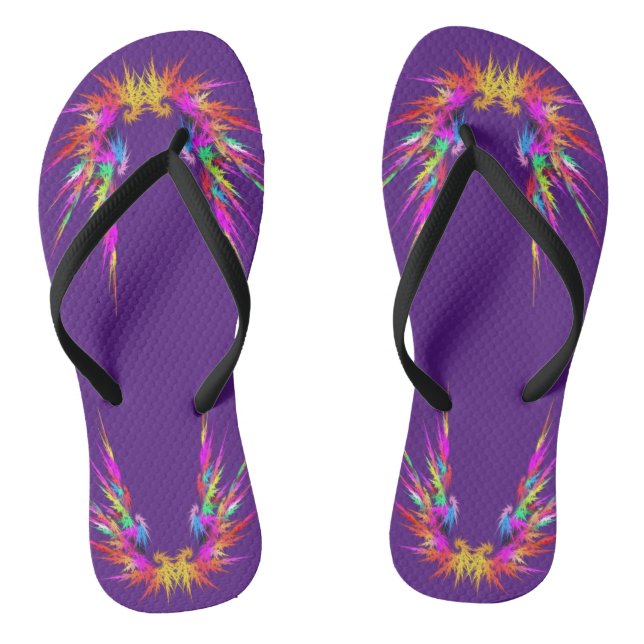 Phoenix - colourful fractal art on black jandals (Footbed)