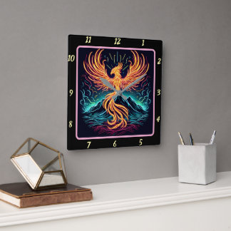 Phoenix Flames Over Moonlit Canyon Square Wall Clock