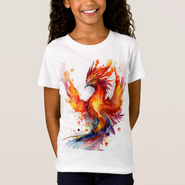 Phoenix in Flames Watercolor Design T-Shirt (Front)