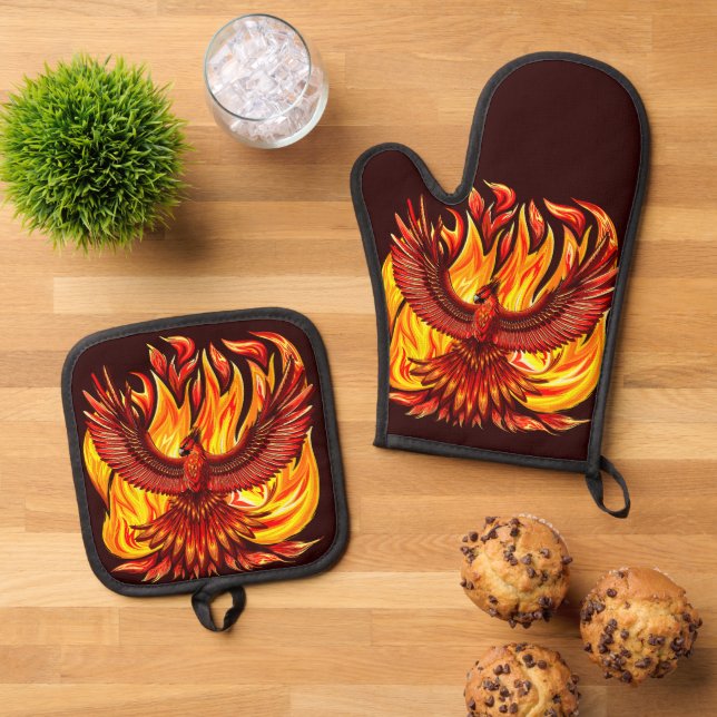 Phoenix mythological immortal Creature Oven Mitt & Pot Holder Set (Top Down)