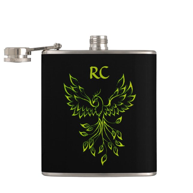 Phoenix Rises on Black Initials Hip Flask (Opened)