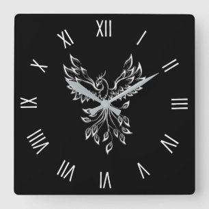 Phoenix Rises on Black Square Wall Clock