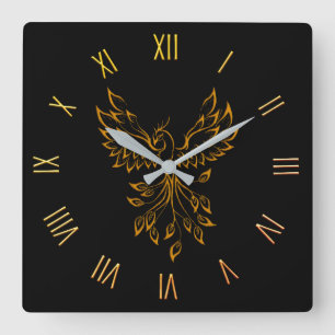 Phoenix Rises on Black Square Wall Clock