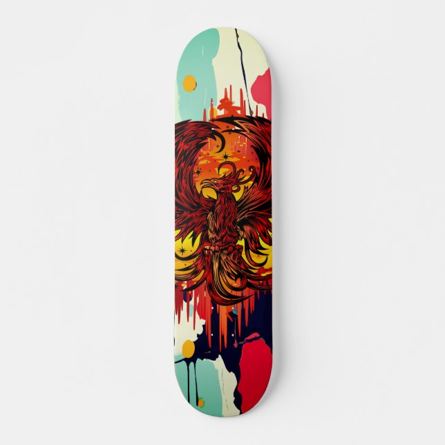 Phoenix Rising Fire Art with Bold Abstract Paint Skateboard (Front)