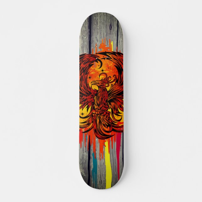 Phoenix Rising Fire Art with Urban Paint Drips Skateboard (Front)