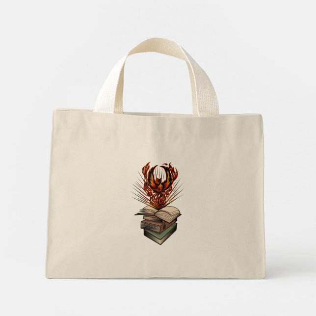 Phoenix Rising From Books Flames Fantasy Magical Mini Tote Bag (Back)