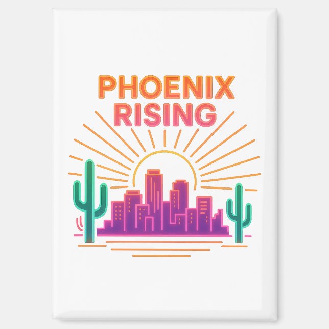 Phoenix Rising Neon City – Retro Synthwave Desert Magnet (Front)