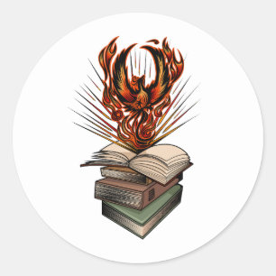 Phoenix Rising Over Books Flames Fantasy Classic Round Sticker