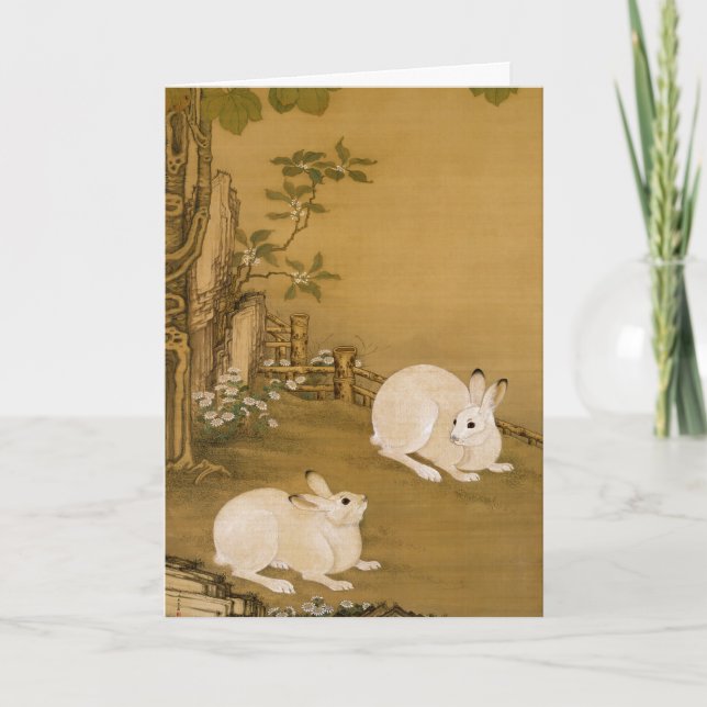 Phoenix Tree & Rabbits Antique Chinese Painting Card (Front)