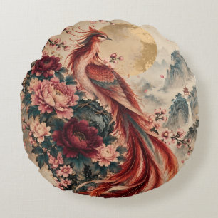 Phoenix with Peonies and Cherry Blossoms – Golden Round Cushion