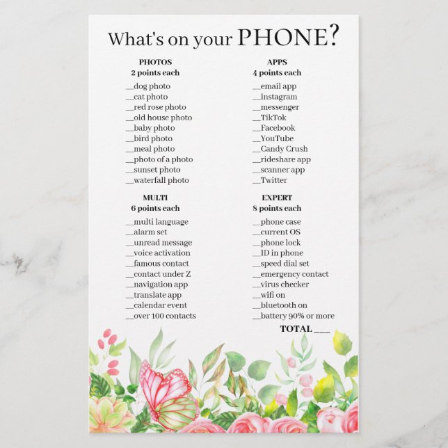 Phone Question Game 💍 Bridal Shower  (Front)