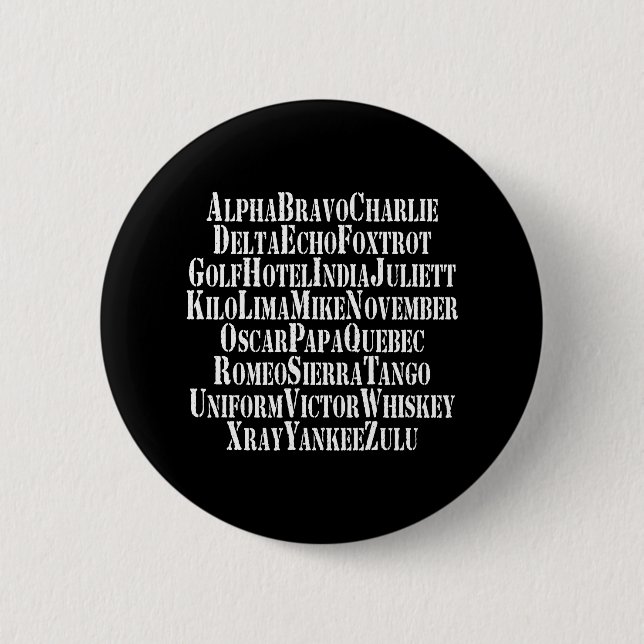 PHONETIC ALPHABET / CODE WORDS 6 CM ROUND BADGE (Front)