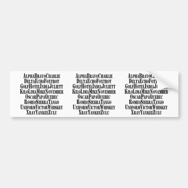 PHONETIC ALPHABET / CODE WORDS BUMPER STICKER (Front)