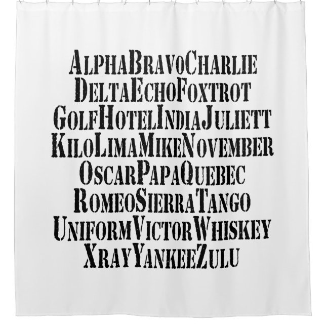 PHONETIC ALPHABET / CODE WORDS SHOWER CURTAIN (Front)