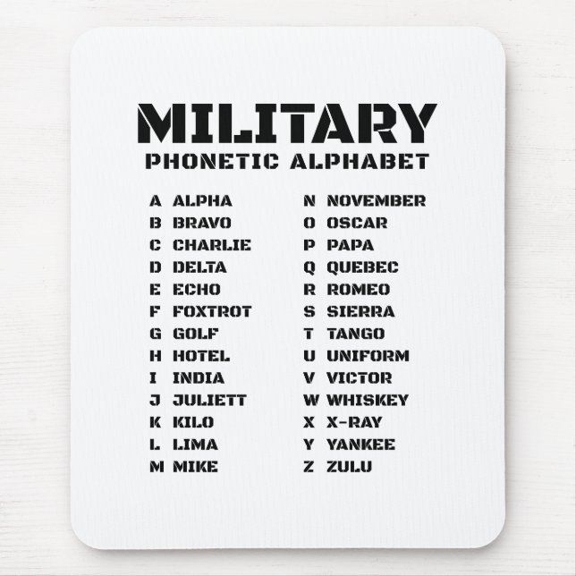 Phonetic Alphabet for the Military Mouse Pad (Front)