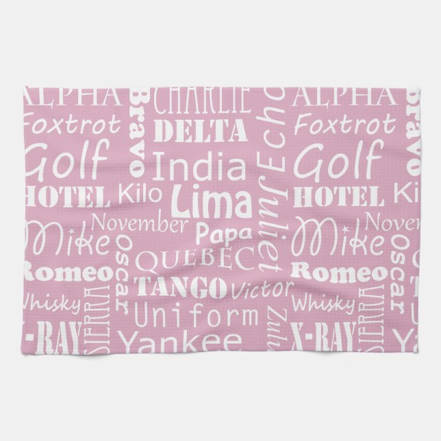 Phonetic Alphabet Pattern White on Light Pink Tea Towel (Horizontal)