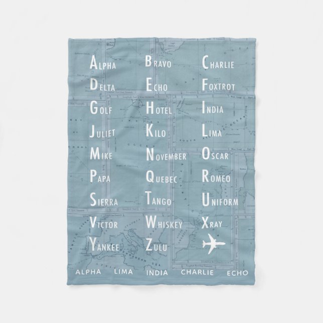 Phonetic Alphabet Personalised Vintage Blue Map Fleece Blanket (Front)