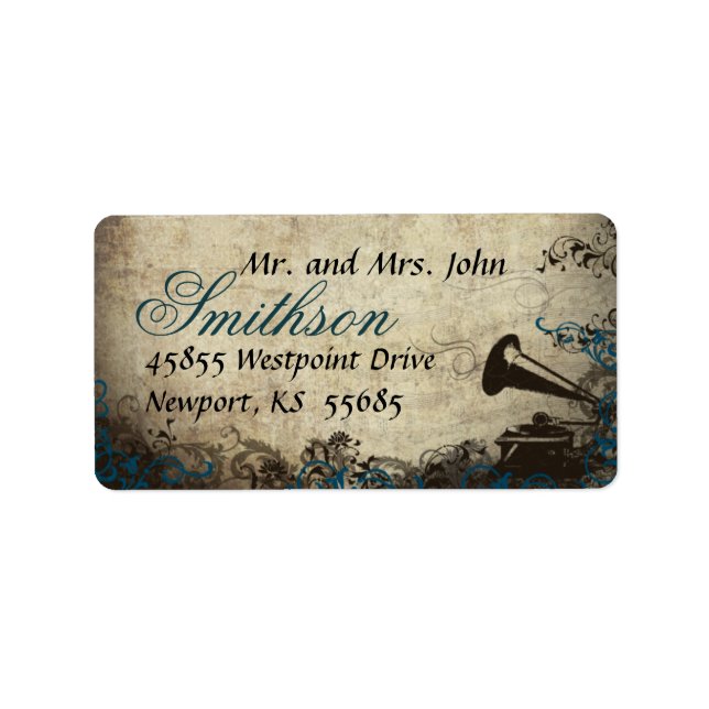 Phonograph Blue Vintage Wedding Address Label (Front)