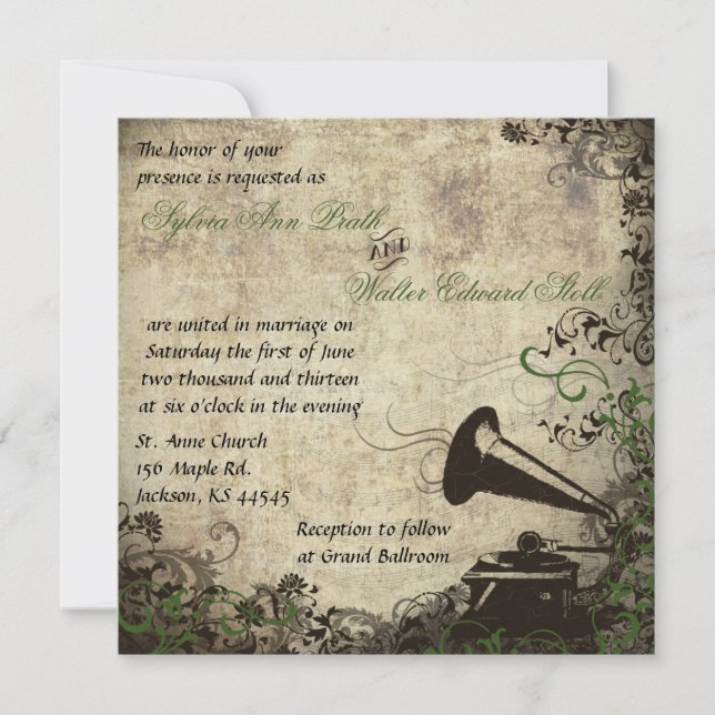 Phonograph Vintage Wedding Invitation (Front)