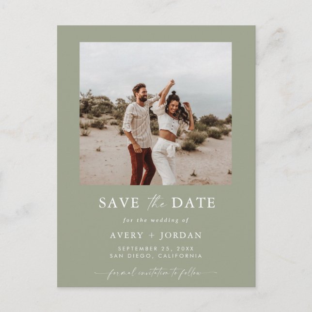 Phot Save the Date, Sage Green Boho Save the Date Postcard (Front)