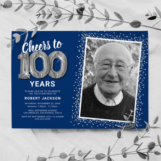 Photo 100th Birthday Silver Balloons Invitation (Creator Uploaded)