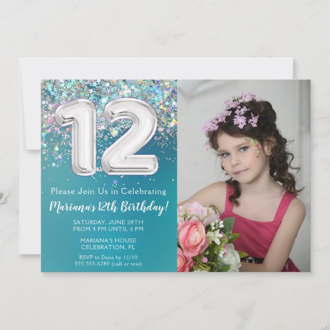 Photo 12th Birthday Invitation Teal Silver Glitter (Front)