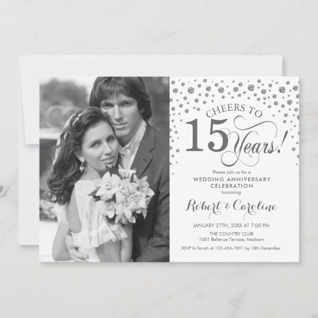 Photo 15th Wedding Anniversary - Silver White Invitation (Front)