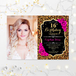 Photo 16th Birthday Party Pink Gold Leopard Print Invitation<br><div class="desc">Leopard print 16th birthday party invitation with your photo. Features cheetah pattern,  script font,  fuchsia roses and confetti. Classy black white pink design with faux glitter gold. Perfect for an elegant animal print sweet sixteen bday celebration.</div>