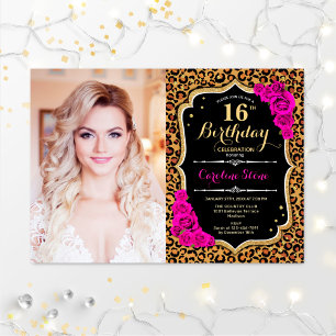Photo 16th Birthday Party Pink Gold Leopard Print Invitation