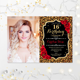 Photo 16th Birthday Party Red Gold Leopard Print Invitation