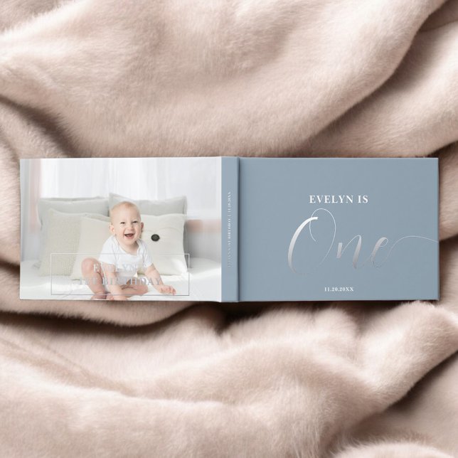 Photo 1st Birthday Script Blue Guest Book (Creator Uploaded)