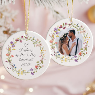 Photo 1st Christmas Married Wildflower Wreath Ceramic Tree Decoration