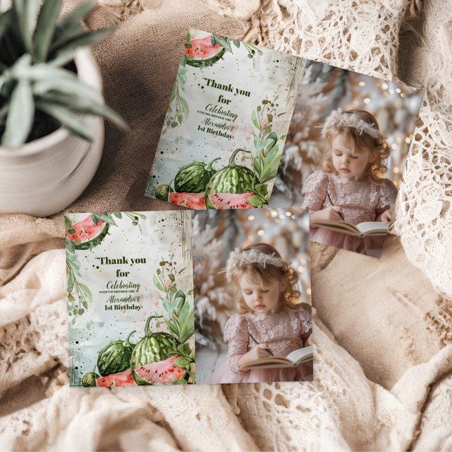 Photo 1st Watermelon Birthday Thank You Card (Creator Uploaded)