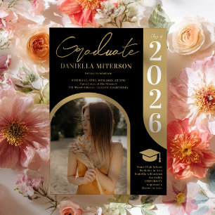 Photo 2026 arch black gold chic graduation invitation