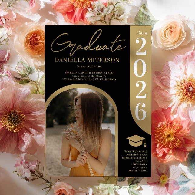 Photo 2026 arch black gold chic graduation invitation (Photo 2026 arch black gold chic graduation invitation)