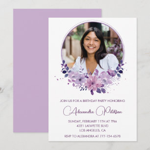 Photo 20th birthday invitation Purple Floral