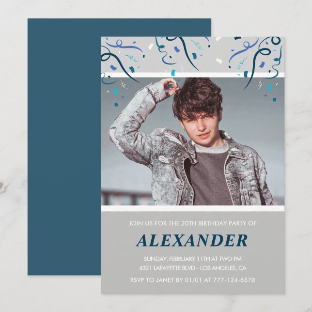 Photo 20th birthday invitations him  Blue Confetti (Front/Back)